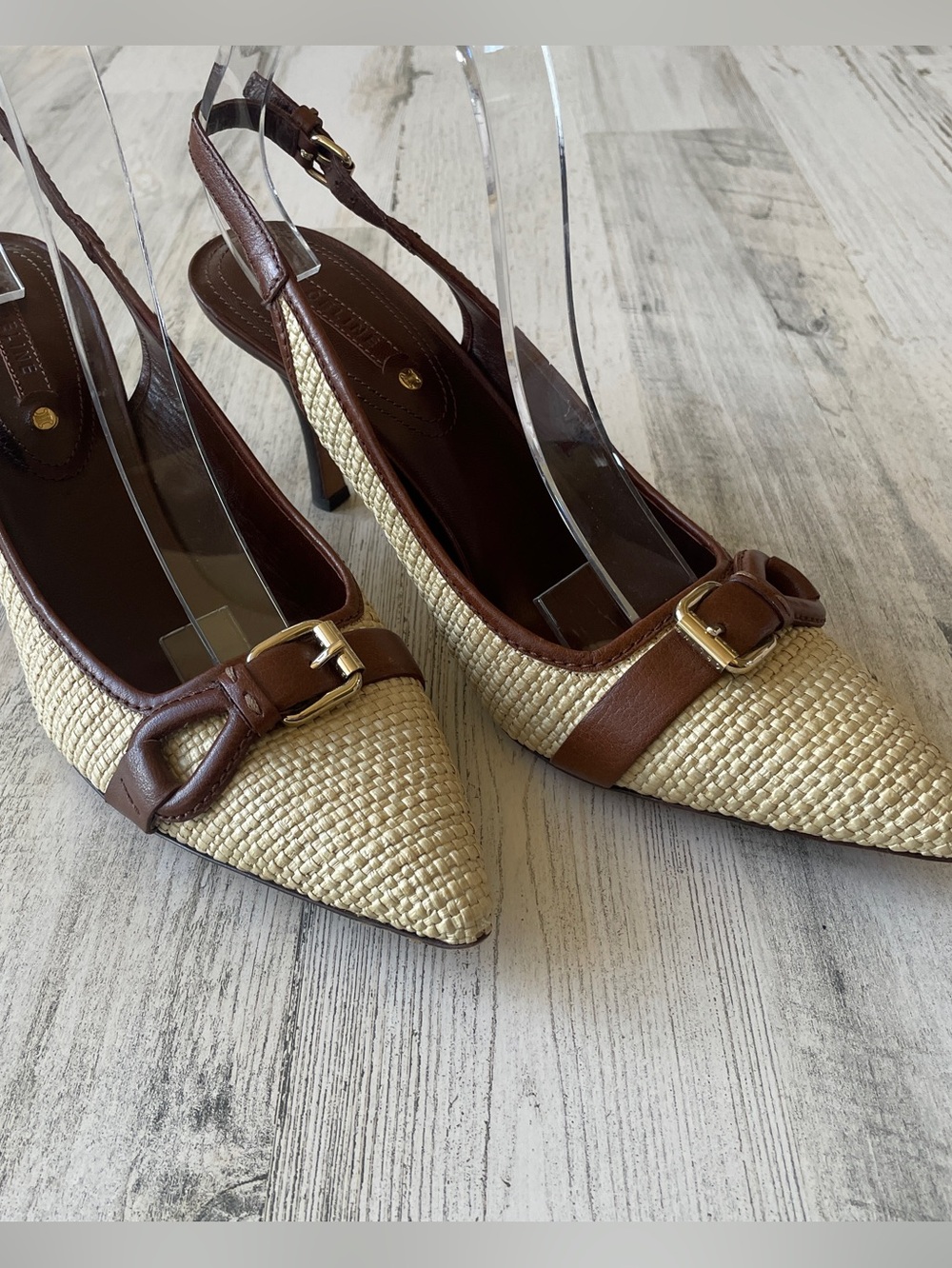 Celine Slingback Heels Brown Leather & Raffia Straw Pointed-Toe SZ 40.5 C US 9.5 - Picture 2 of 14